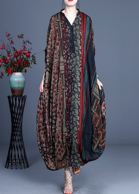 Red V Neck Print Silk Long Dress Batwing Sleeve