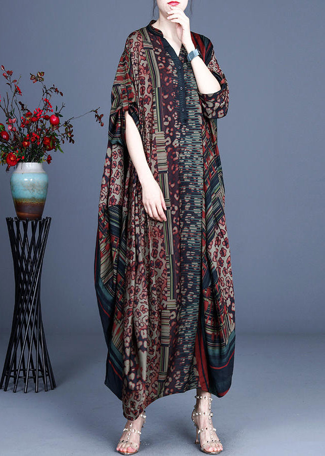 Red V Neck Print Silk Long Dress Batwing Sleeve