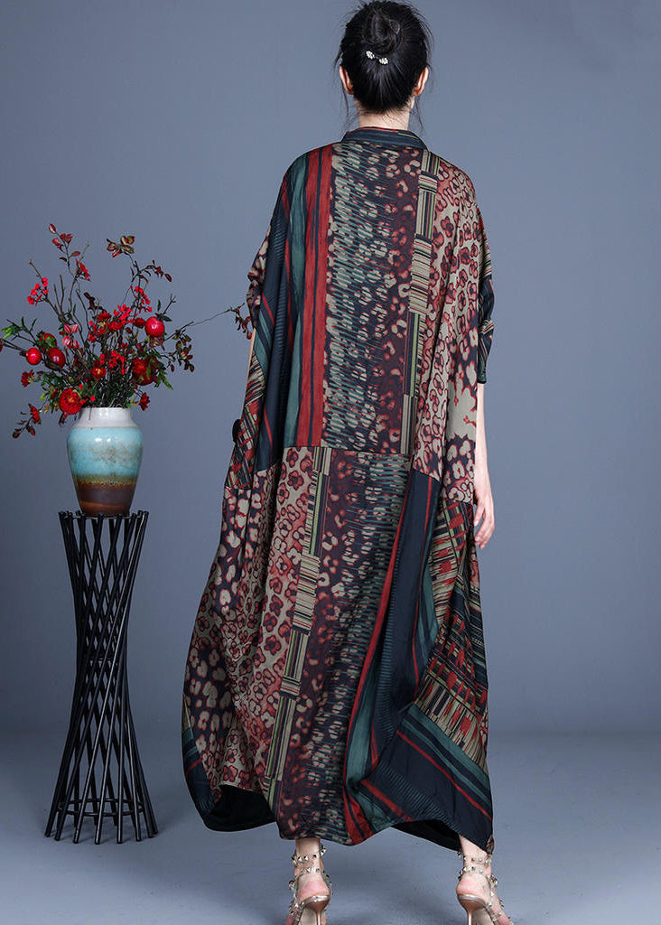 Red V Neck Print Silk Long Dress Batwing Sleeve