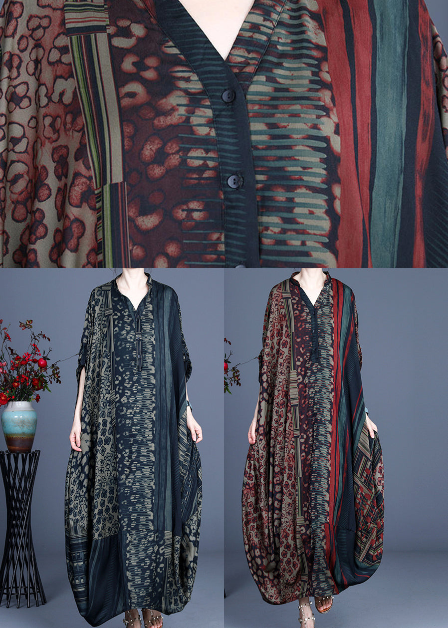 Red V Neck Print Silk Long Dress Batwing Sleeve