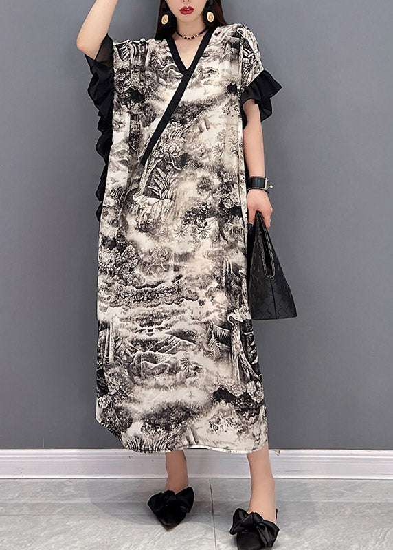 Top Quality White V Neck Print Long Dress Butterfly Sleeve