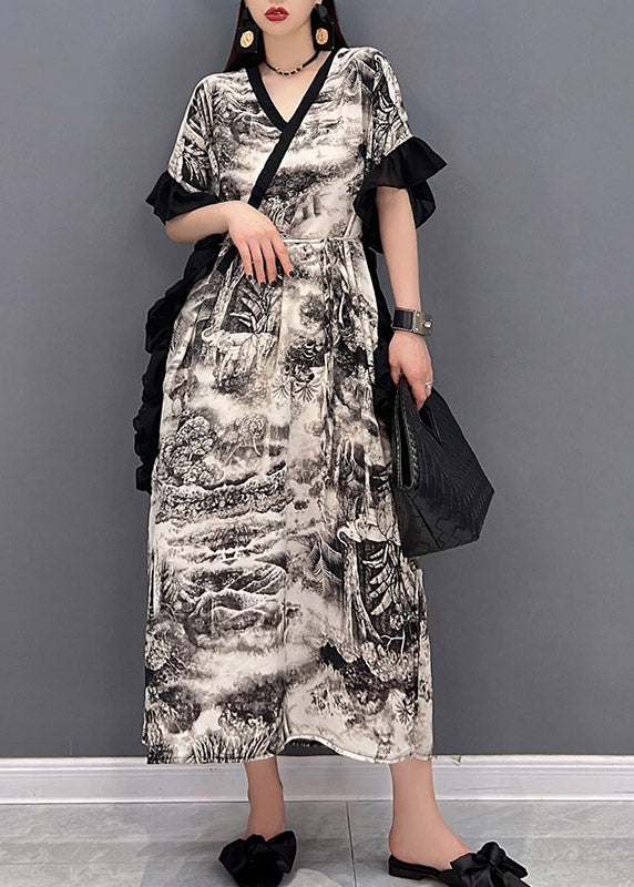 Top Quality White V Neck Print Long Dress Butterfly Sleeve