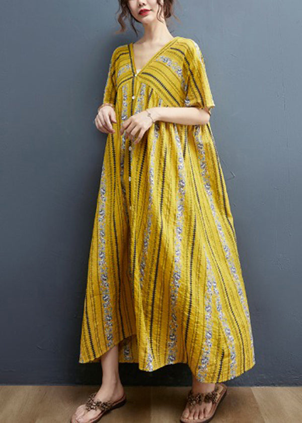 Top Quality Yellow Print Cotton Maxi Dresses Short Sleeve