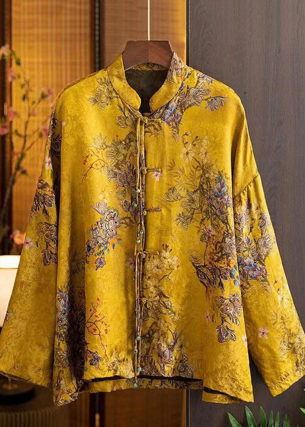 Yellow Stand Collar Oriental Button Patchwork Tassel Jacquard Silk Shirt Top Long Sleeve