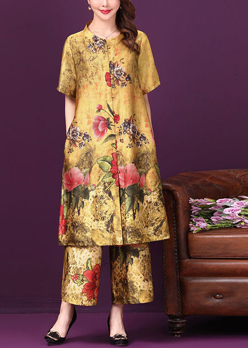 Top Quality Yellow Stand Collar Pockets Floral Print Silk Two Pieces Set Short Sleeve