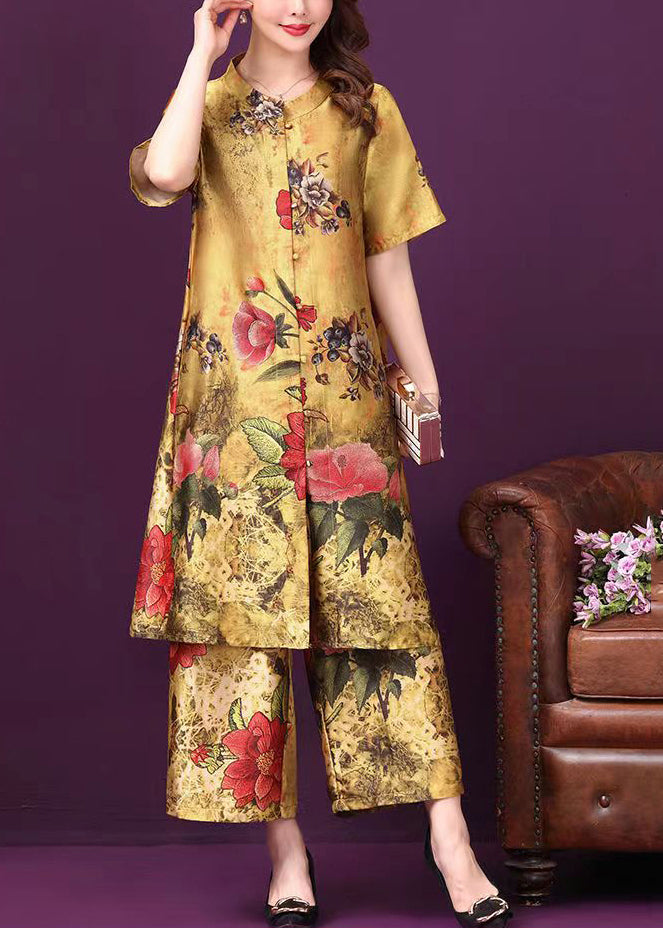 Top Quality Yellow Stand Collar Pockets Floral Print Silk Two Pieces Set Short Sleeve