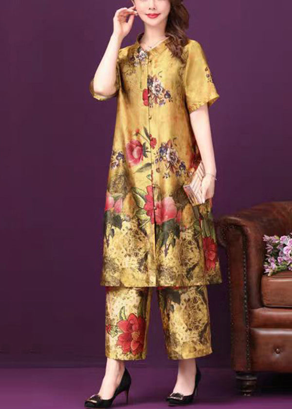 Top Quality Yellow Stand Collar Pockets Floral Print Silk Two Pieces Set Short Sleeve