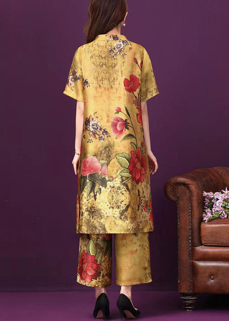 Yellow Stand Collar Pockets Floral Print Silk Two Pieces Set Short Sleeve