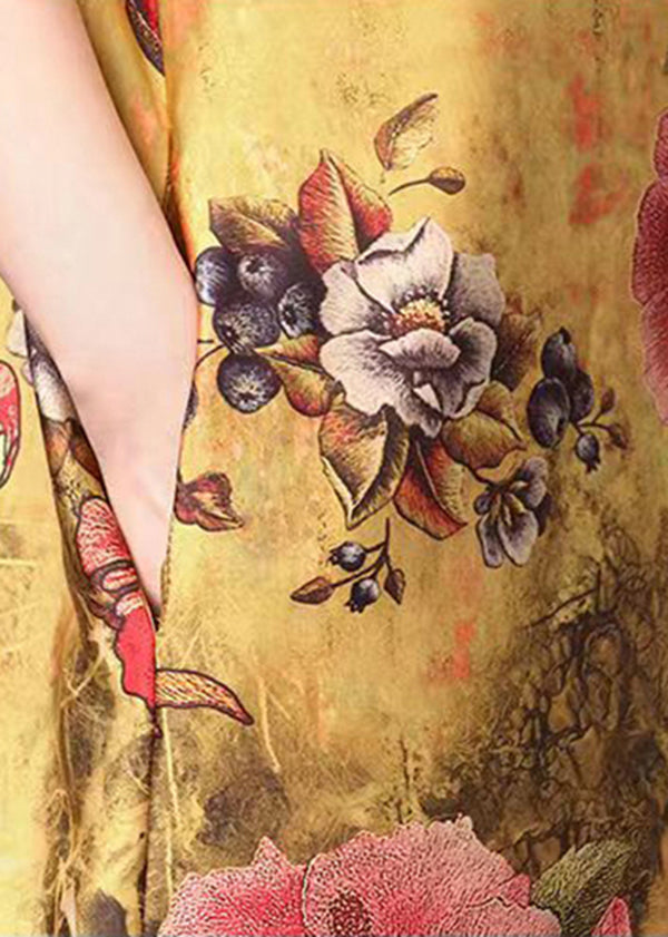 Yellow Stand Collar Pockets Floral Print Silk Two Pieces Set Short Sleeve