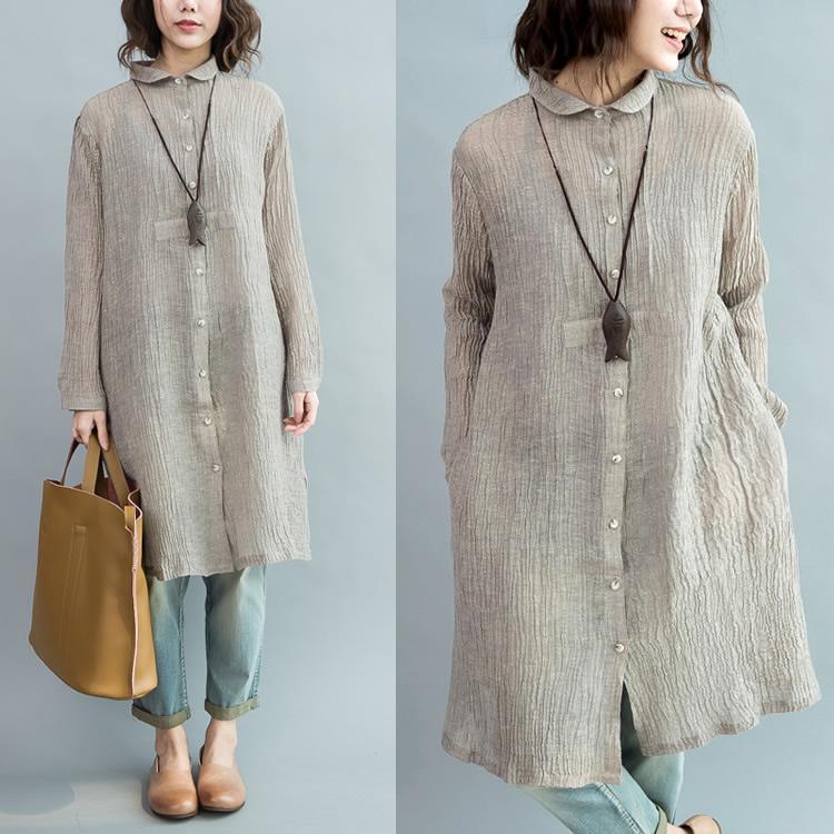 Top quality Gray pleated linen dresses oversize long sleeve linen blouses shift dress - Omychic