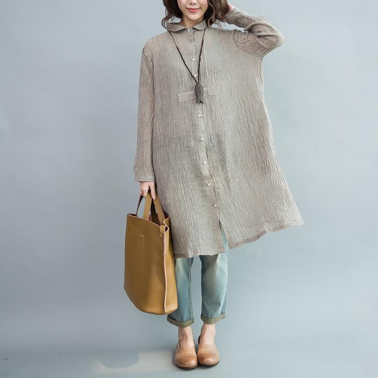 Top quality Gray pleated linen dresses oversize long sleeve linen blouses shift dress - Omychic