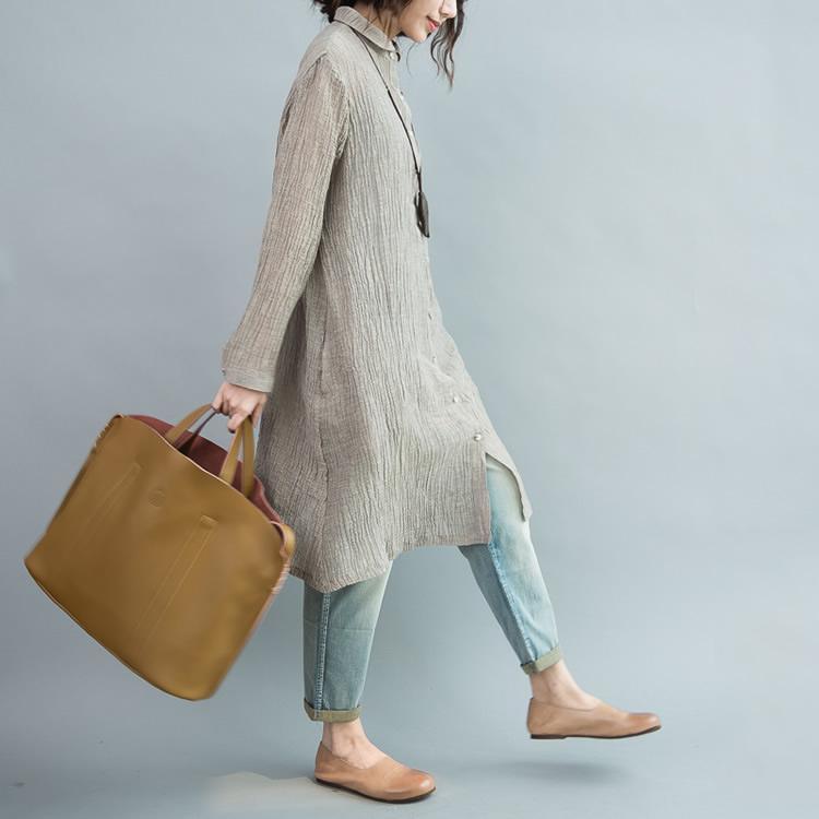 Top quality Gray pleated linen dresses oversize long sleeve linen blouses shift dress - Omychic