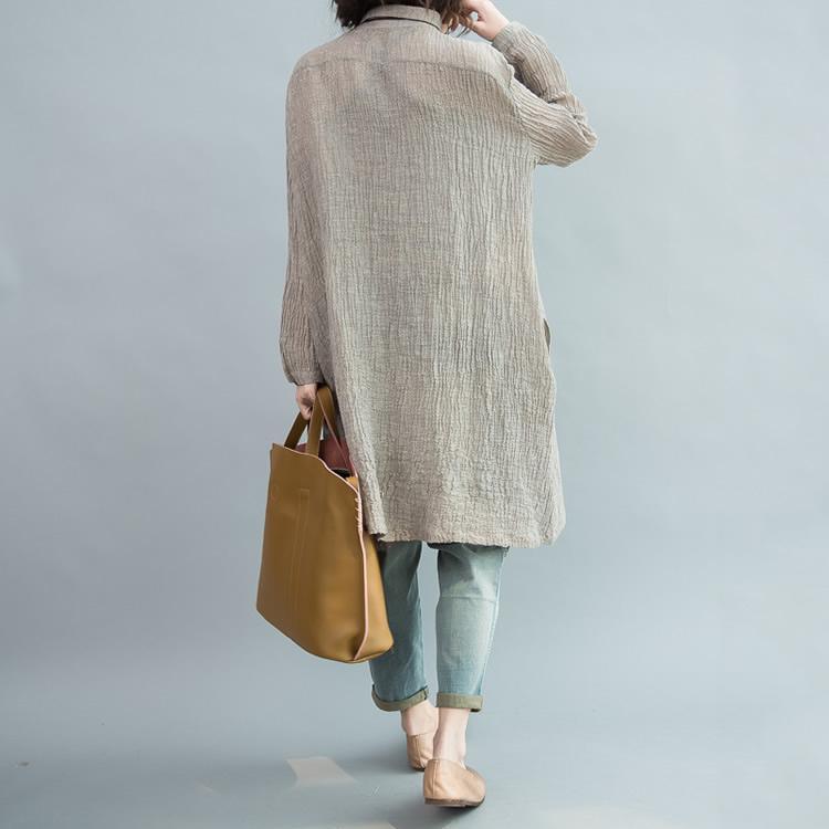 Top quality Gray pleated linen dresses oversize long sleeve linen blouses shift dress - Omychic