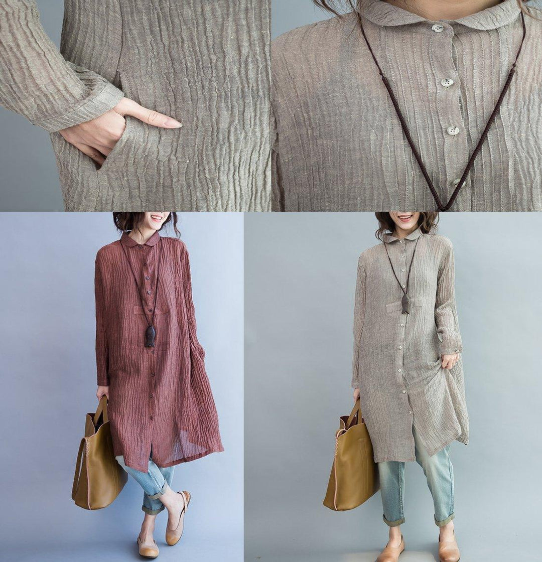 Top quality Gray pleated linen dresses oversize long sleeve linen blouses shift dress - Omychic