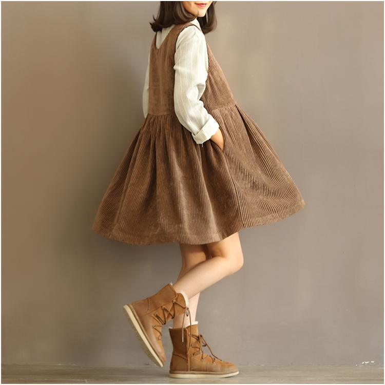 Top quality brown corduroy strap dress spring dresses orignally designed - Omychic