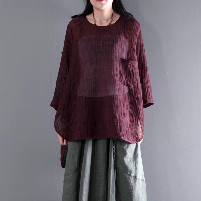 Top quality burgundy wrinkled linen women blouse plus size shirt top - Omychic