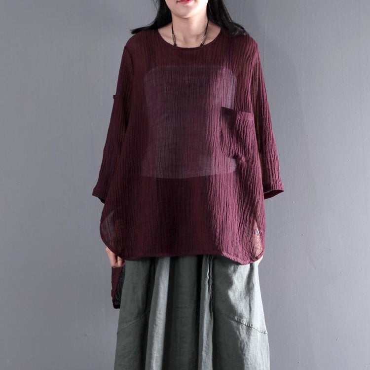 Top quality burgundy wrinkled linen women blouse plus size shirt top - Omychic
