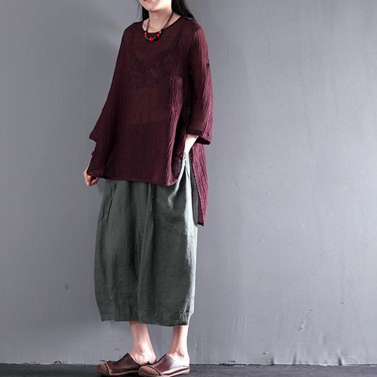 Top quality burgundy wrinkled linen women blouse plus size shirt top - Omychic