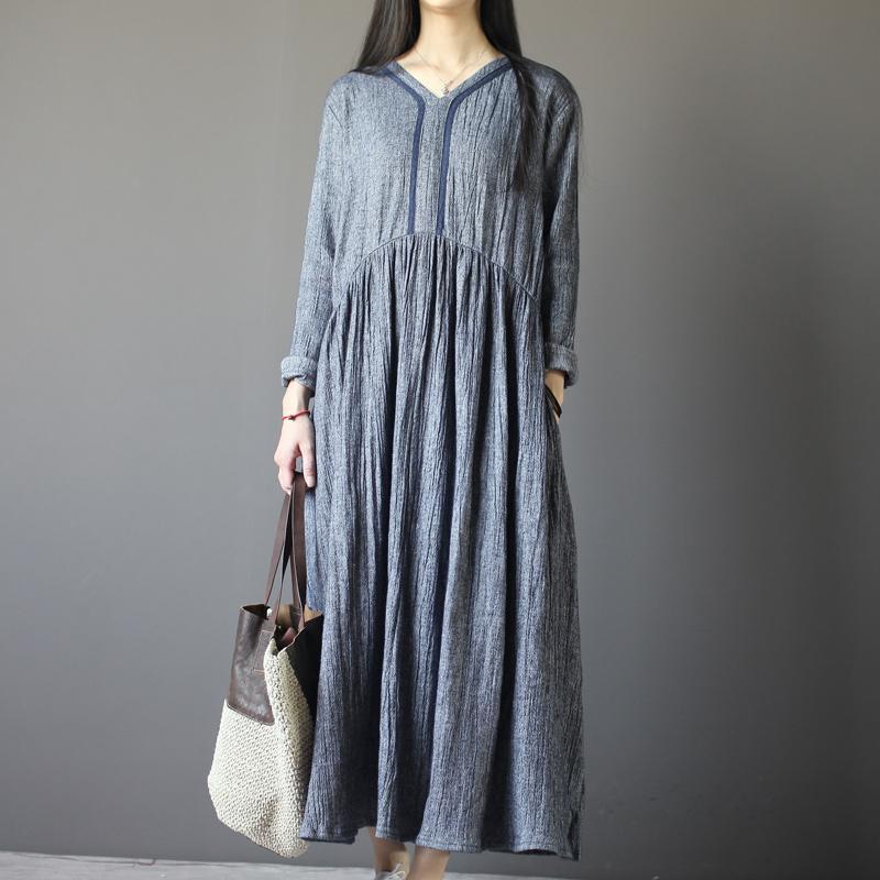 Top quality gray long sleeve linen dresses  plus size fall maternity dresses - Omychic