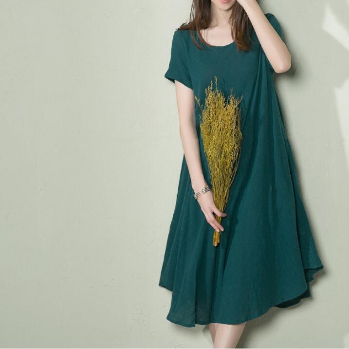 Top quality jade green linen sundress oversize summer shift dress loose caftan - Omychic