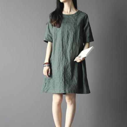 Top quality linen sundress plus size summer shift dresses blackish green - Omychic