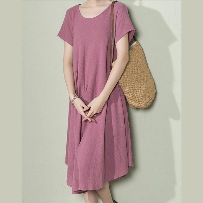 Top quality linen sundress plus size summer shift dresses knee length purple - Omychic