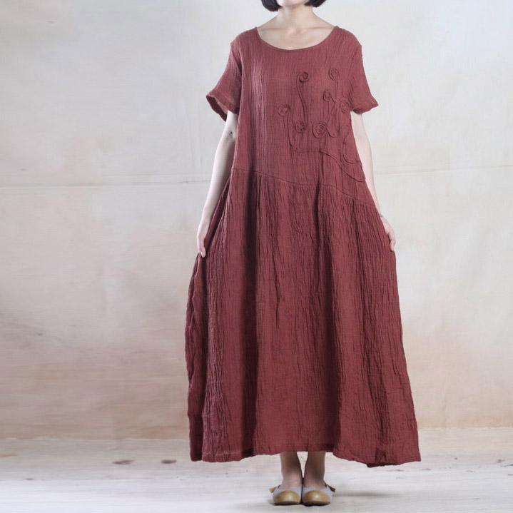 Top quality summer linen maxi dress long pleated sundress minimalist dress Burgundy - Omychic
