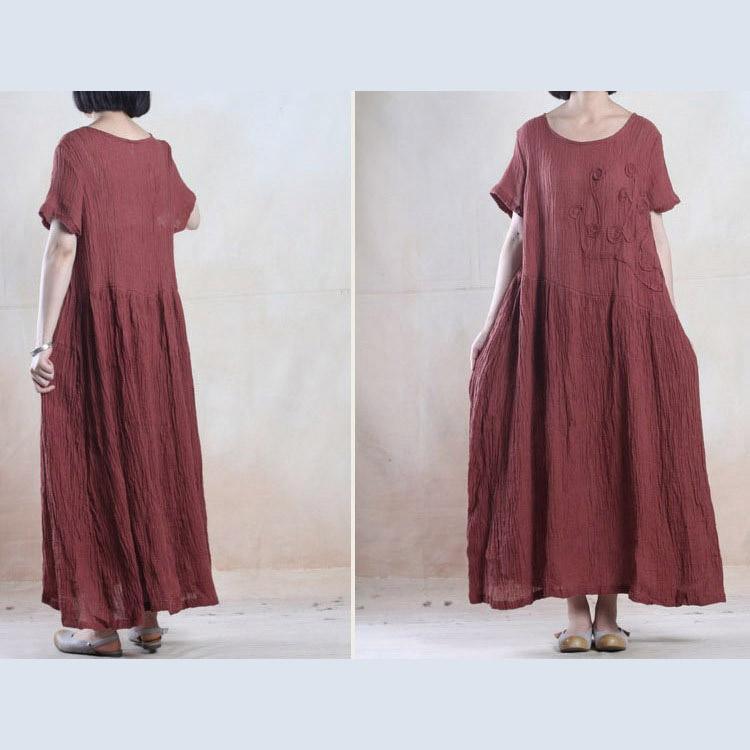 Top quality summer linen maxi dress long pleated sundress minimalist dress Burgundy - Omychic
