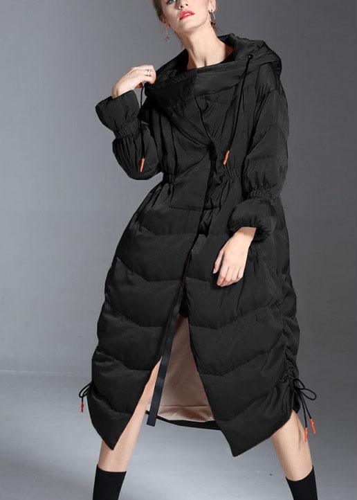 Trendy Black hooded drawstring slim fit Winter Duck Down down coat - Omychic