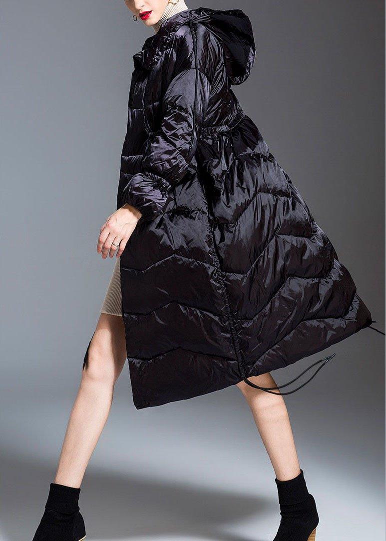 Trendy Black hooded drawstring slim fit Winter Duck Down down coat - Omychic