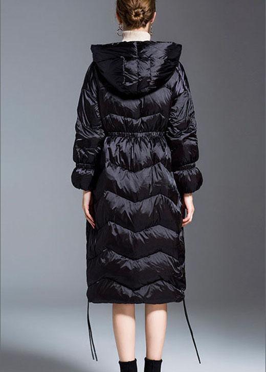 Trendy Black hooded drawstring slim fit Winter Duck Down down coat - Omychic