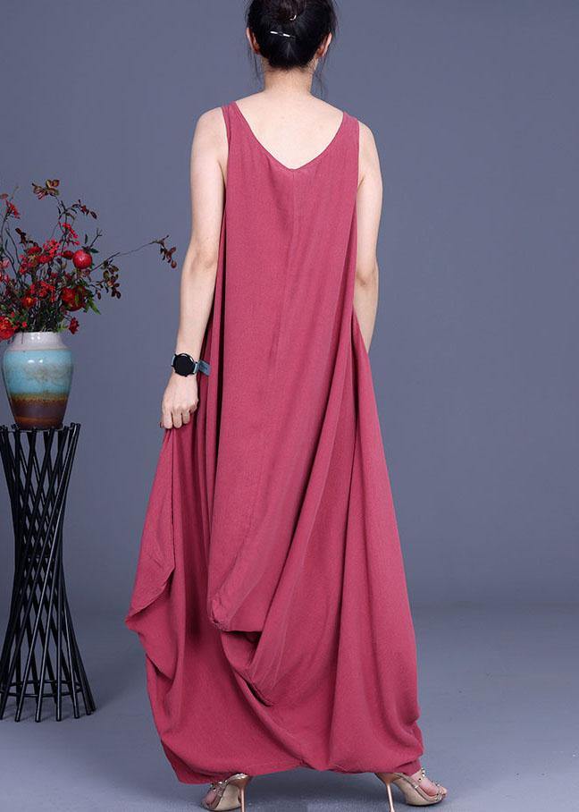 Trendy Red O-Neck Asymmetrical Design Summer Silk Dresses Sleeveless - Omychic