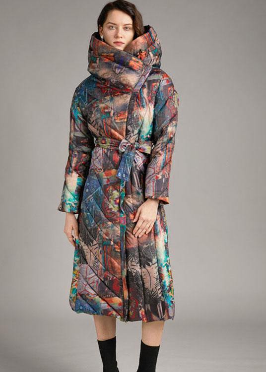 Trendy tie waist slim fit long Print Winter Duck Down down coat - Omychic