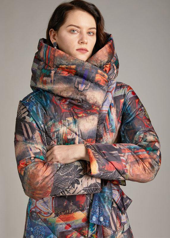 Trendy tie waist slim fit long Print Winter Duck Down down coat - Omychic