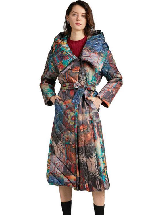 Trendy tie waist slim fit long Print Winter Duck Down down coat - Omychic