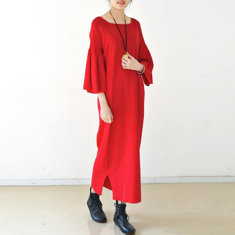 Trumpet sleeves red tunic dresses long red knit dress square neck plus size sweaters original design - Omychic