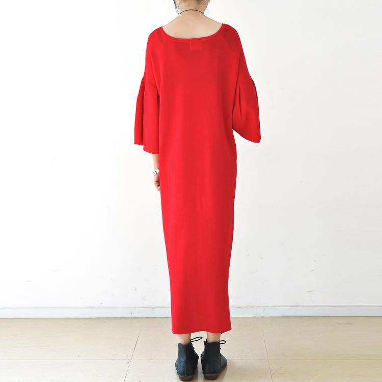 Trumpet sleeves red tunic dresses long red knit dress square neck plus size sweaters original design - Omychic