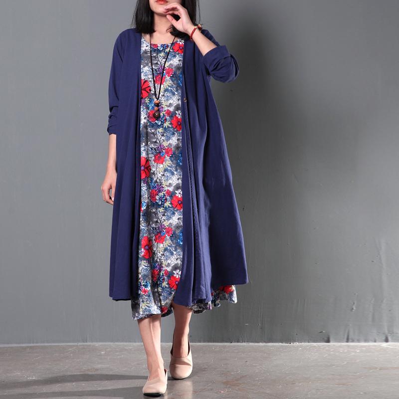 Two pieces Navy coat cardigan and floral sundress summer linen clothing - Omychic
