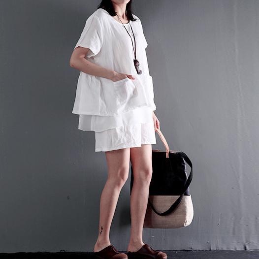 Two pieces white linen summer top and shorts plus size cotton clothing - Omychic