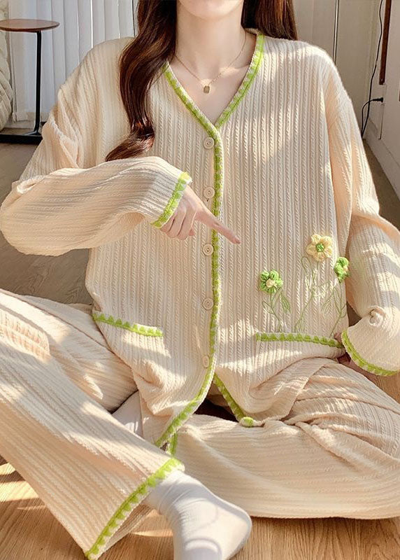 Unique Apricot V Neck Patchwork Floral Cotton Pajamas Two Pieces Set Spring