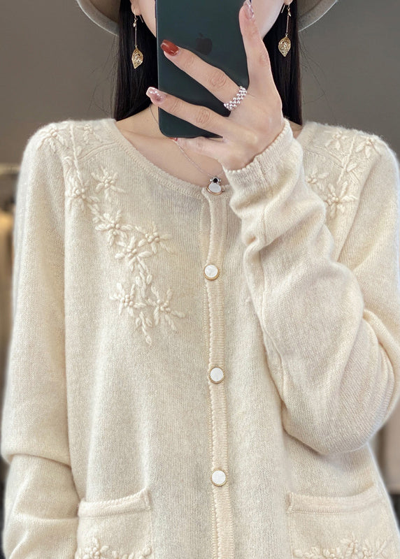 Unique Beige Floral Button Cashmere Knit Cardigan Long Sleeve