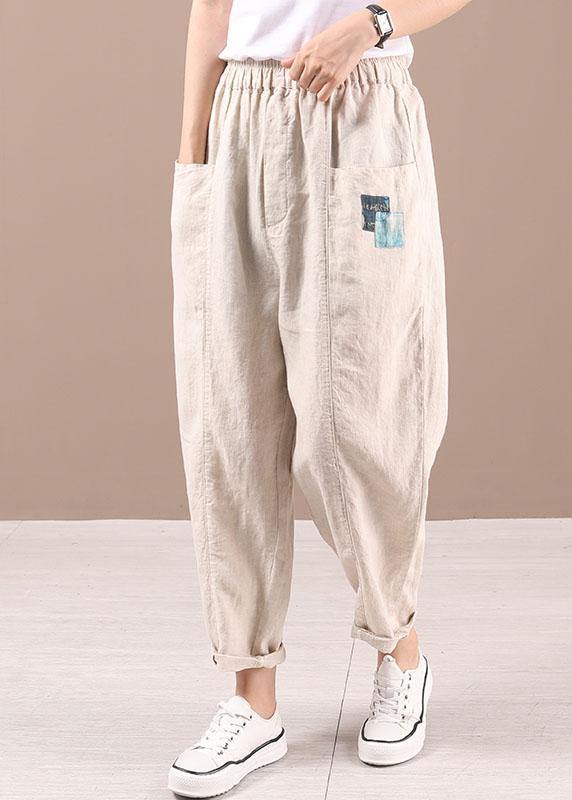 Unique Beige retro High Waist Summer Pants Cotton Linen - Omychic