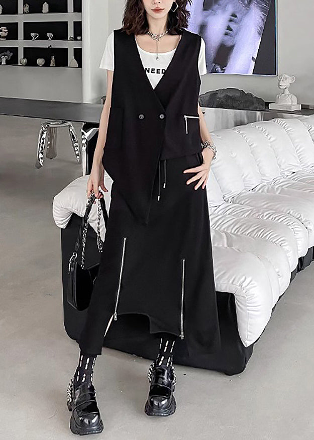 Unique Black Asymmetrical Patchwork Waistcoat And Skirts Cotton Two Pieces Set Sleeveless