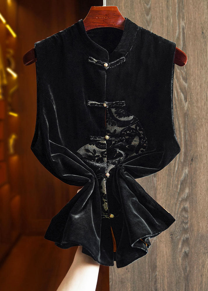 Unique Black Embroideried Patchwork Button Silk Velour Waistcoat Fall