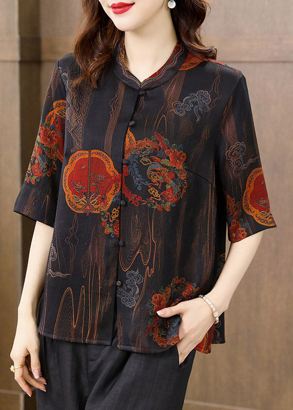 Unique Black Floral Peter Pan Collar Print Button Silk Shirt Half Sleeve