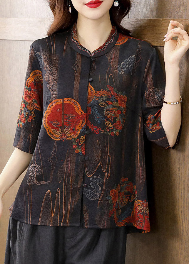 Unique Black Floral Peter Pan Collar Print Button Silk Shirt Half Sleeve