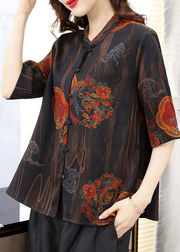 Unique Black Floral Peter Pan Collar Print Button Silk Shirt Half Sleeve