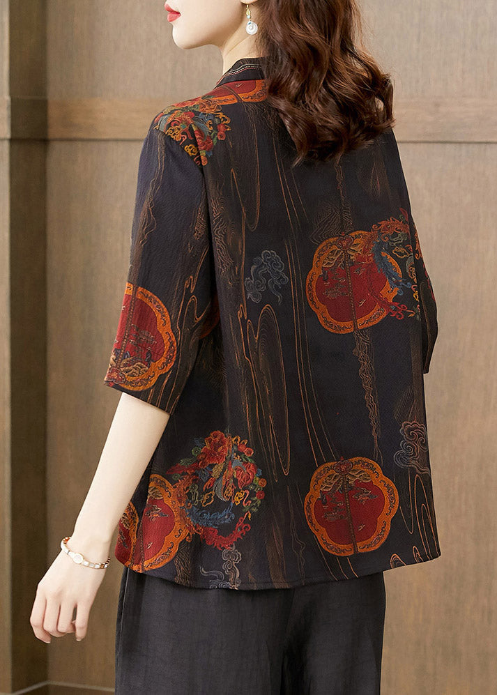 Unique Black Floral Peter Pan Collar Print Button Silk Shirt Half Sleeve