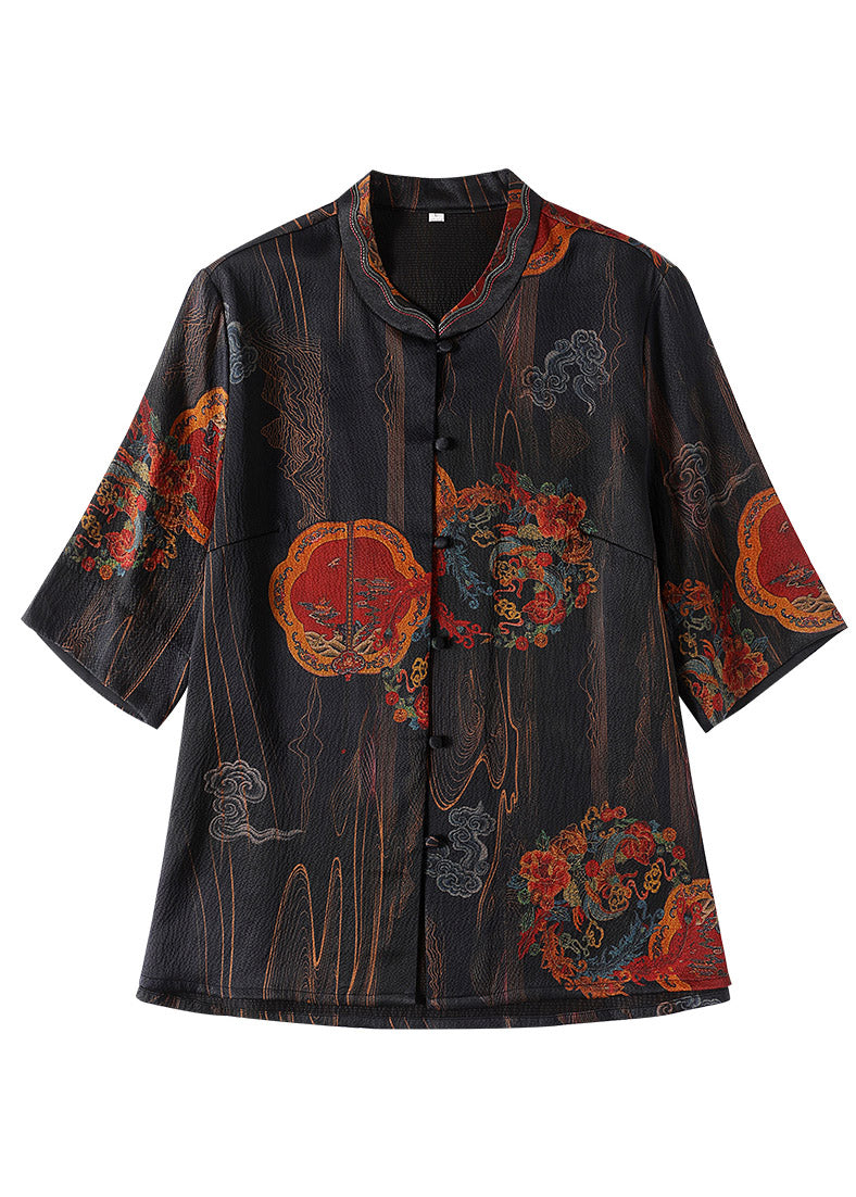 Unique Black Floral Peter Pan Collar Print Button Silk Shirt Half Sleeve