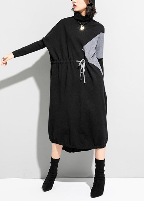 Unique Black Grey Turtleneck Patchwork Drawstring Tie Waist Knit Holiday Dress Long Sleeve